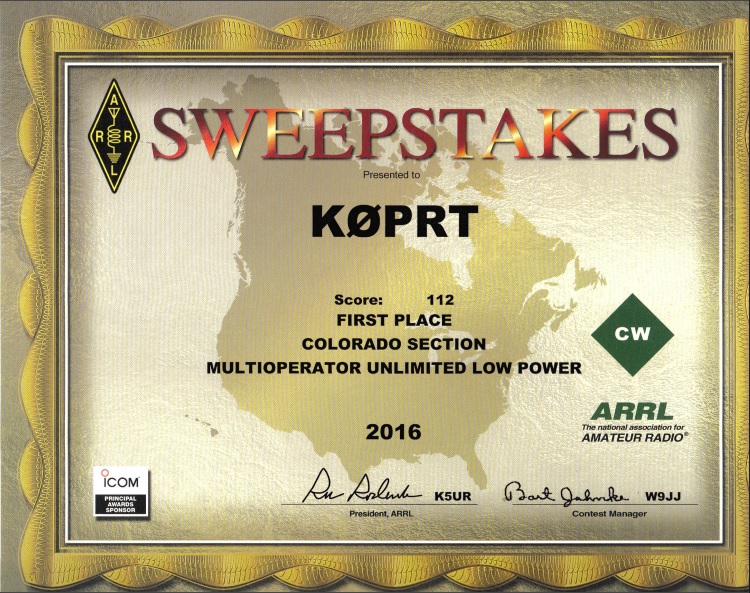 2016 ARRL CW Sweepstakes - CO 1st Place